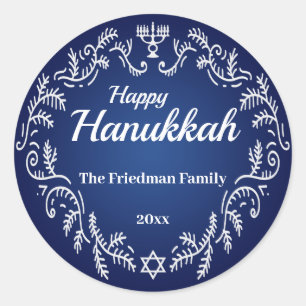 Happy Hanukkah Menorah White Festive Lijst op blau Ronde Sticker