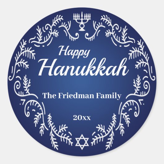 Happy Hanukkah Menorah White Festive Lijst op blau Ronde Sticker (Voorkant)