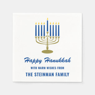 Happy Hanukkah Menorah Wit Blauw Goud Familienaam Servet