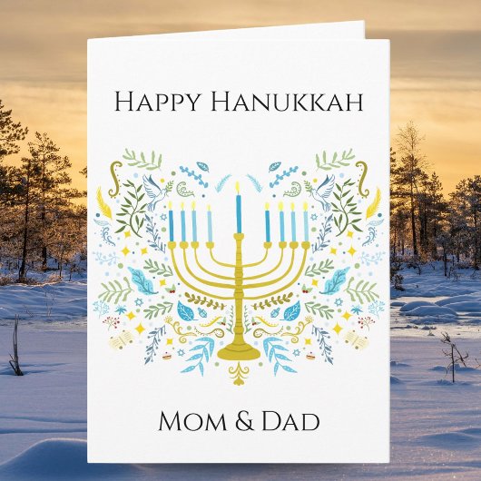 Happy Hanukkah Menorah with Flowers Mom & Dad Kaart