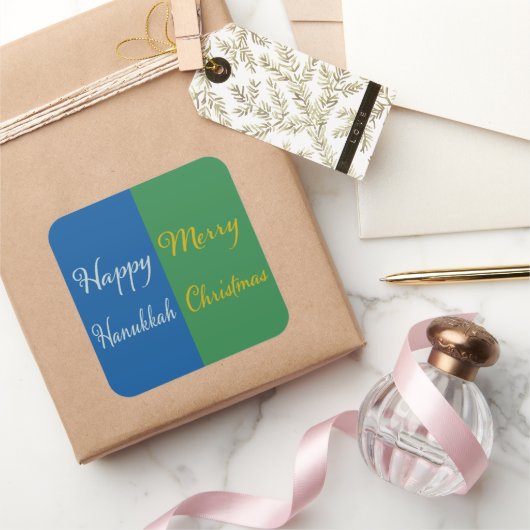 Happy Hanukkah Merry Christmas Dual Holiday Design Vierkante Sticker (Geschenken)