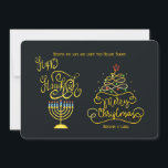 Happy Hanukkah Merry Christmas Holiday Kaart<br><div class="desc">Een "happy everything" vakantiepas met een menora en kerstboom tegen een zwarte achtergrond. De kaart is eenvoudig aan te passen met uw tekst, lettertype en lettertypekleur. Niet precies wat je zoekt? Al onze producten kunnen op maat worden ontworpen om zonder extra kosten aan uw behoeften te voldoen. Neem dan contact...</div>