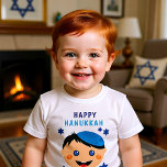 Happy Hanukkah, met jongen met een garderoever T-shirt<br><div class="desc">Happy Hanukkah met een joodse jongen met een blauwe Yarmulke. Blauwe sterren van David op een achtergrond. Geweldig als geschenk voor kinderen om te draag tijdens Hanukkah. Ik wens je gelukkig Hanukkah!</div>
