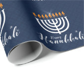 Happy Hanukkah met White Menorah in Modern Blue Cadeaupapier (Rol Hoek)