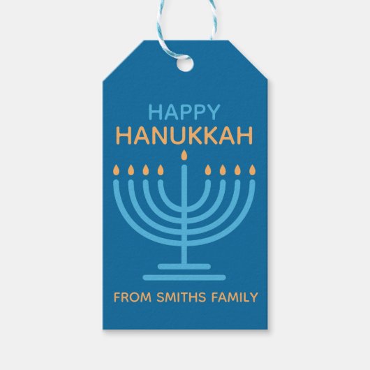 Happy Hanukkah Minimalist Blue Family Photo Cadeaulabel (Voorkant)