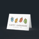Happy Hanukkah Modern Dreidel Feestdagen Kaart<br><div class="desc">Het ontwerp bestaat uit Dreidel draaiende bovenste illustratie. Voeg jouw naam,  groet,  en jaar toe</div>