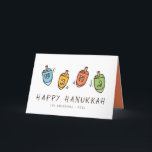Happy Hanukkah Modern Dreidel Feestdagen Kaart<br><div class="desc">Het ontwerp bestaat uit de bovenste illustratie van Dreidel. Voeg jouw naam,  groet,  en jaar toe</div>