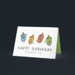 Happy Hanukkah Modern Dreidel Feestdagen Kaart<br><div class="desc">Het ontwerp bestaat uit Dreidel draaiende bovenste illustratie. Voeg jouw naam,  groet,  en jaar toe</div>