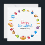Happy Hanukkah Modern Foto Dreidel Star Name<br><div class="desc">In dit ontwerp van feestdagen staat de tekst "Happy Hanukkah" in de moderne rode en blauwe typografie omringd door droesels, gouden munten, sterren en sufganiyah. Aangepast met jouw naam en favoriete foto op de achterkant. #hanukkah #chanukah #feestdagen #seizoensgebonden #feestive #modern #dreidel #star #munt #gold #starofdavid #design #designer #design #Designer #kaarten...</div>