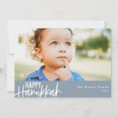 Happy Hanukkah Modern Foto Dusty Blue Feestdagenkaart (Voorkant)