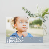 Happy Hanukkah Modern Foto Dusty Blue Feestdagenkaart (Staand voorkant)