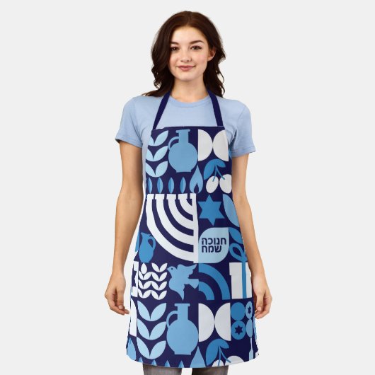 Happy Hanukkah Modern Hebrew Menorah & Stars Apron Schort (Gedragen)