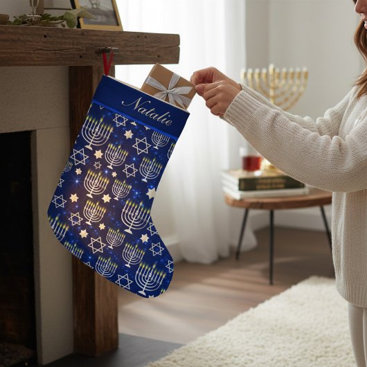 Happy Hanukkah Modern Menorah Persoonlijke naam Kleine Kerstsok