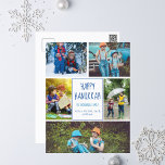 Happy Hanukkah Modern Photo Collage Cute Blue Briefkaart<br><div class="desc">Dit schattige,  trendy Happy Hanukkah-briefkaart heeft een moderne lay-out van vijf familiefoto's op een witte achtergrond met blauwe typografie. Deze prachtige joodse fotovakantiekaart is voorzien van uw eigen fotocollage met uw boodschap en familienaam.</div>