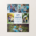 Happy Hanukkah Modern Photo Collage Cute Custom Legpuzzel<br><div class="desc">Deze schattige,  trendy Happy Hanukkah puzzle heeft een moderne lay-out van vijf familiefoto's op een witte achtergrond met blauwe typografie. Deze prachtige Joodse fotovakantie cadeau is voorzien van je eigen fotocollage met je bericht en familienaam.</div>