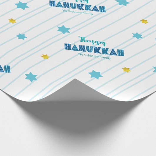 Happy Hanukkah Modern Typografie Gold Stars Naam Cadeaupapier (Hoek)