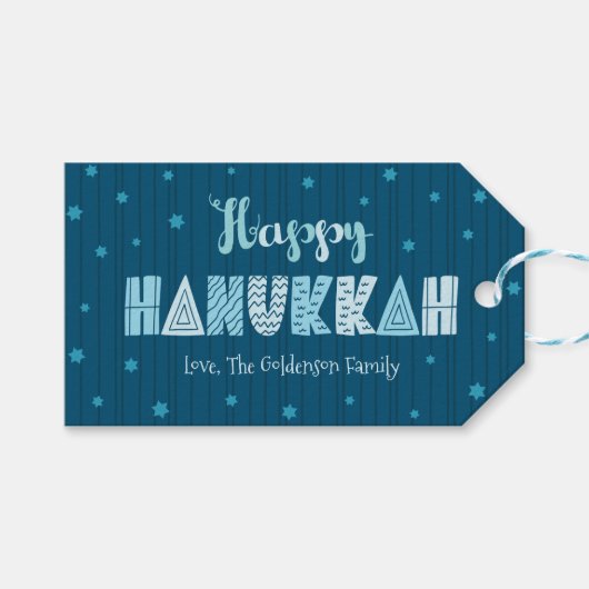 Happy Hanukkah Modern Whimsical Blauwgroen Typogra Cadeaulabel (Voorkant (Horizontaal))