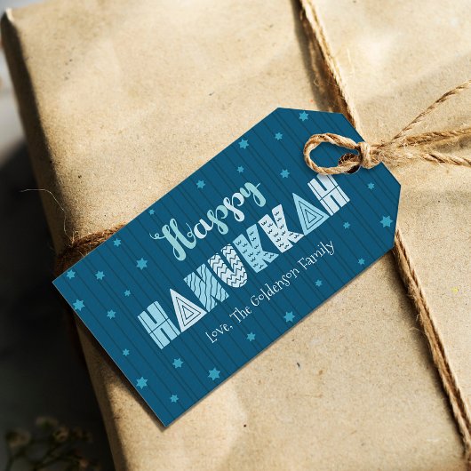 Happy Hanukkah Modern Whimsical Blauwgroen Typogra Cadeaulabel
