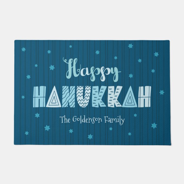 Happy Hanukkah Modern Whimsical Blauwgroen Typogra Deurmat (Voorkant)