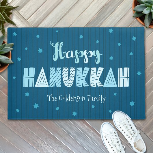 Happy Hanukkah Modern Whimsical Blauwgroen Typogra Deurmat