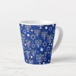 Happy Hanukkah moderne ster van David Menorah Latte Mok<br><div class="desc">Dit Chanoeka feestdagen ontwerp heeft een sprankelende blauwe achtergrond met menora en davidster overlay. #hanukkah #chanukah #feestdagen #seasonal #festive #modern #blue #menorah #starofdavid #jewish #stylish #elegant #chic #pattern #custom #candles #home #coffee #mok modes #coffeemugs #coffeelovers #gifts #drinkware #kitchen #stylish #elegant #fashionable #trendy #trending #style #popular</div>