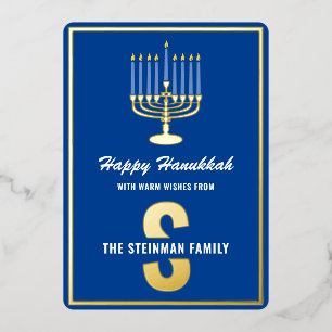 Happy Hanukkah Monogram Familienaam Menorah Candle Folie Feestdagenkaart
