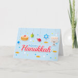 Happy Hanukkah Ornament Feestdagen Kaart<br><div class="desc">Happy Hanukkah-kaart met hangende droesels,  een menorah,  de ster van David en sufganiyah.</div>