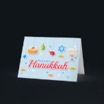 Happy Hanukkah Ornament Feestdagen Kaart<br><div class="desc">Happy Hanukkah-kaart met hangende droesels,  een menorah,  de ster van David en sufganiyah.</div>
