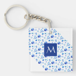Happy Hanukkah-partij: een prachtig blauw monogram Sleutelhanger