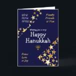HAPPY HANUKKAH Peace Love Joy Stars HEBREW Feestdagen Kaart<br><div class="desc">Stijlvol blauw en gouden HANUKKAH-WENSKAART om uw familie en vrienden een Happy Hanukkah te wensen, waarin staat: WISHING U EEN ZEER HAPPY HANUKKAH in witte typografie met FAMILY, FRIENDS & FUN and PEACE, LOVE & JOY in goudkleurige typografie in de hoeken. PEACE, LOVE, JOY is ook geschreven in HEBREW. Dit...</div>