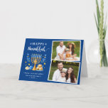 Happy Hanukkah Peace Love Latkes Blue 2 Photo Feestdagen Kaart<br><div class="desc">Send your Wishes with this Photo Holiday Card that feature a Hanukkah Script and Watercolor Jewish Holiday Symbols to highlight your greeting message.</div>