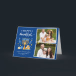 Happy Hanukkah Peace Love Latkes Blue 2 Photo Feestdagen Kaart<br><div class="desc">Send your Wishes with this Photo Holiday Card that feature a Hanukkah Script and Watercolor Jewish Holiday Symbols to highlight your greeting message.</div>