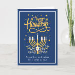 Happy Hanukkah Peace Love Latkes Modern Blue Feestdagen Kaart<br><div class="desc">Verzend uw Verwensen met deze Kaart van de Vakantie die een Verbluffend Happy Manuscript en een Symbool van de Hanoeka kenmerkt om uw groetbericht te benadrukken.</div>