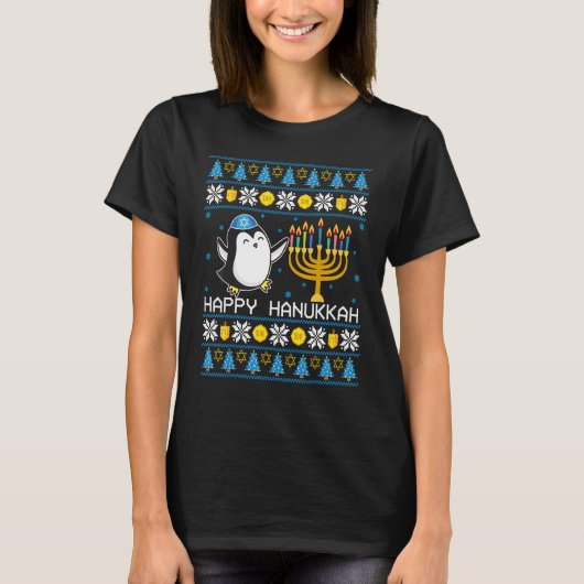 Happy Hanukkah Penguin Ugly Sweater Jewish Chanuka T-shirt (Voorkant)