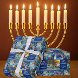 Happy Hanukkah Photo Collage Personalized Blue Cadeaupapier<br><div class="desc">Dit schattige,  moderne Happy Hanukkah-verpakkingsdocument bevat een stijlvolle lay-out van vier familiefoto's op een blauwe achtergrond met  witte typografie. Deze prachtige kinder foto van de cadeauomslag van Chanukah bevat de foto-collage van je eigen kind met je boodschap en familienaam.</div>