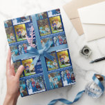 Happy Hanukkah Photo Collage Personalized Blue Cadeaupapier<br><div class="desc">Dit schattige,  moderne Happy Hanukkah-verpakkingsdocument bevat een stijlvolle lay-out van vier familiefoto's op een blauwe achtergrond met  witte typografie. Deze prachtige kinder foto van de cadeauomslag van Chanukah bevat de foto-collage van je eigen kind met je boodschap en familienaam.</div>