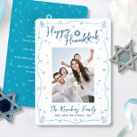 Happy Hanukkah Photo Hand Drawn Cute Custom Note  Feestdagenkaart<br><div class="desc">“Happy Hanukkah.” It's that time to touch base with your family and friends to celebrate Hanukkah and usher in the festival of lights. Fun, whimsical navy blue handwritten script typography, Star of David and turquoise teal blue hand drawn Hanukkah dreidels and sparkles, along with the photo of your choice, overlay...</div>