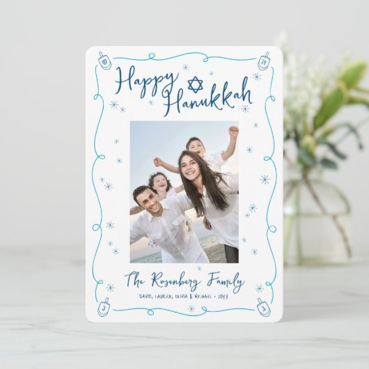 Happy Hanukkah Photo Whimsical Hand Drawn Playful Feestdagenkaart (Staand voorkant)
