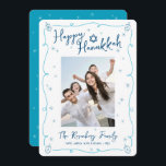 Happy Hanukkah Photo Whimsical Hand Drawn Playful Feestdagenkaart<br><div class="desc">“Happy Hanukkah.” This year, it’s time to get together with your family and friends to celebrate Hanukkah and usher in the festival of lights. Fun, whimsical navy blue handwritten script typography, Star of David and turquoise teal blue hand drawn Hanukkah dreidels and sparkles, along with the photo of your choice,...</div>