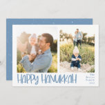 Happy Hanukkah Playful 2 Foto Feestdagenkaart<br><div class="desc">Hanukkah foliday foto card. Features,  playful light blue bold handwritten "Happy Hanukkah",  2 foto's van template spaces on front or card,  en coördinating snowy overlay on light blue color backing. Template text lines for your name and year in matching blue color.</div>