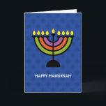 Happy Hanukkah Pop Art Menorah Feestdagen Kaart<br><div class="desc">Happy Chanoeka Pop Art stijl menora op een blauwe achtergrond met een stap en herhaal Star of David patroon.</div>