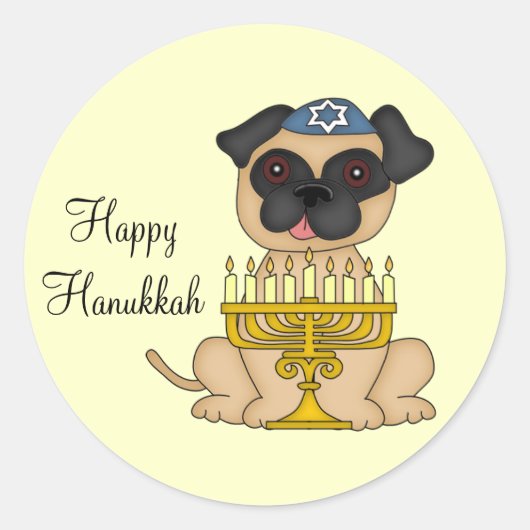 Happy Hanukkah-Pug Dog met Menorah Ronde Sticker (Voorkant)