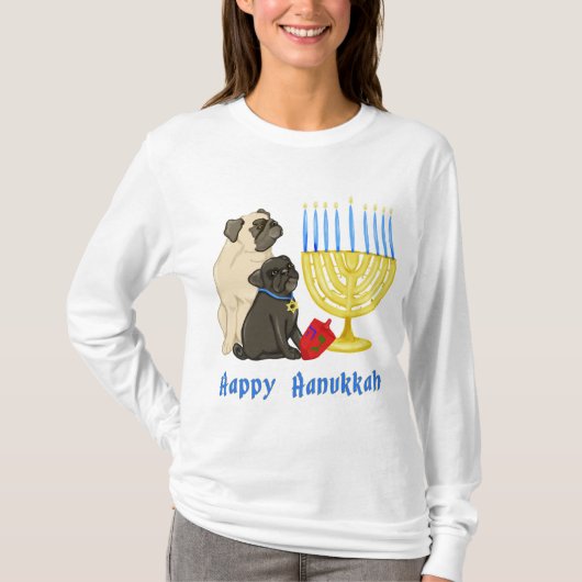 Happy Hanukkah Pugs met Menorah T-shirt (Voorkant)