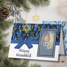 Happy Hanukkah Rich Blue & Gold Foliage & Candle