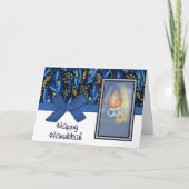 Happy Hanukkah Rich Blue & Gold Foliage & Candle Feestdagen Kaart (Voorkant)