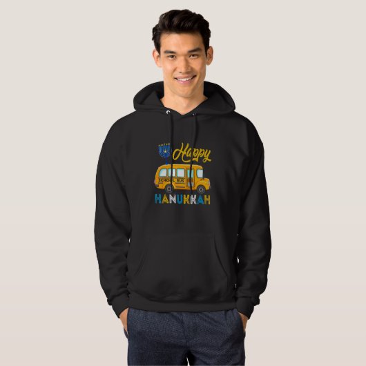 Happy Hanukkah School Bus Carrying Jewish Menorah  Hoodie (Voorkant volledig)