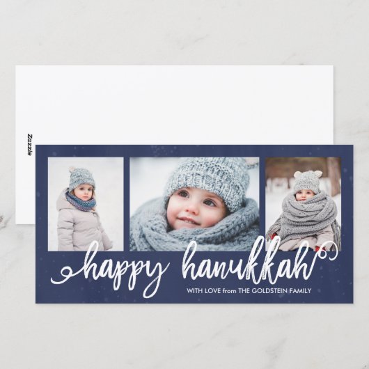 Happy Hanukkah Script 3-Foto Vakantie Feestdagenkaart (Voorkant / Achterkant)