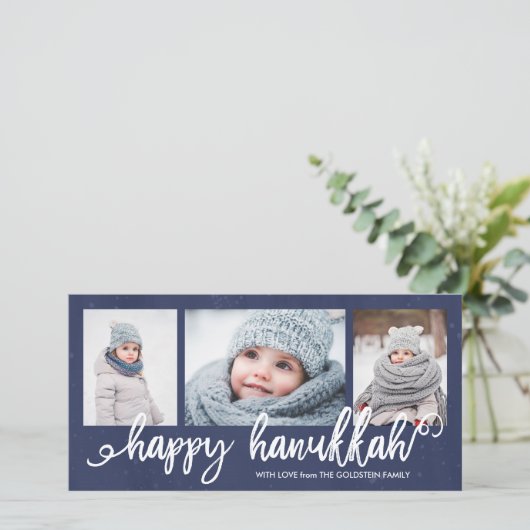 Happy Hanukkah Script 3-Foto Vakantie Feestdagenkaart (Staand voorkant)