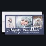 Happy Hanukkah Script 3-Foto Vakantie Feestdagenkaart<br><div class="desc">Vakantie fotokaart met een 3-foto collage lay-out met trendy borstel-script belettering en een grunge effect op de donkere marine achtergrond.</div>