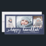 Happy Hanukkah Script 3-Foto Vakantie Feestdagenkaart<br><div class="desc">Vakantie fotokaart met een 3-foto collage lay-out met trendy borstel-script belettering en een grunge effect op de donkere marine achtergrond.</div>